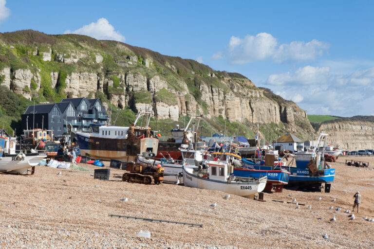 Vissersboten op het strand van Hastings, kent