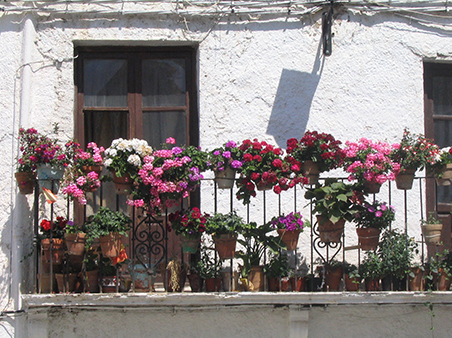 Smeedijzeren balkonnetje met bloemen in Alpujarras